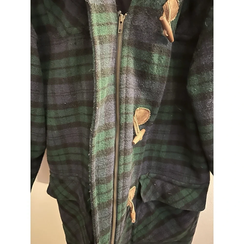 Vintage Men's L.L.Bean Size Sm‎ Tall Wool Duffle Coat Navy Green Plaid USA EUC